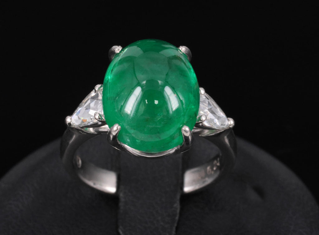 Fine 6.24ct Cabochon Cut Natural Emerald 0.46ct Diamond Platinum Ring Size 5.75
