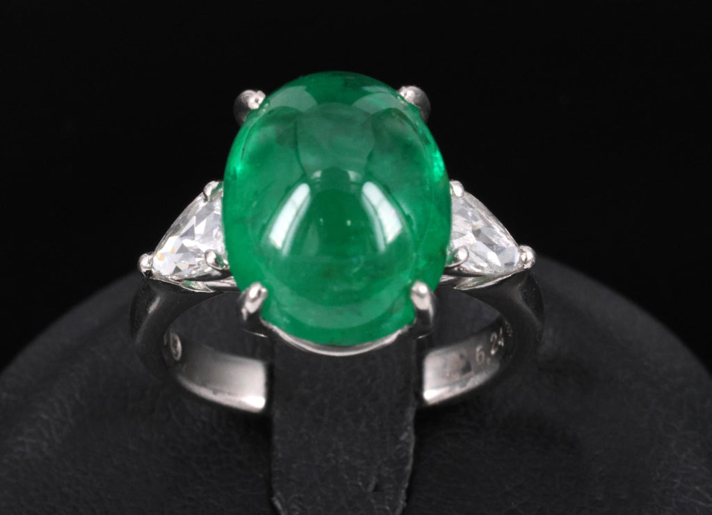 Fine 6.24ct Cabochon Cut Natural Emerald 0.46ct Diamond Platinum Ring Size 5.75