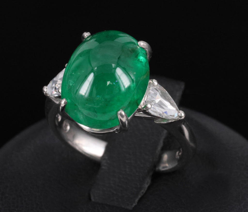 Fine 6.24ct Cabochon Cut Natural Emerald 0.46ct Diamond Platinum Ring Size 5.75