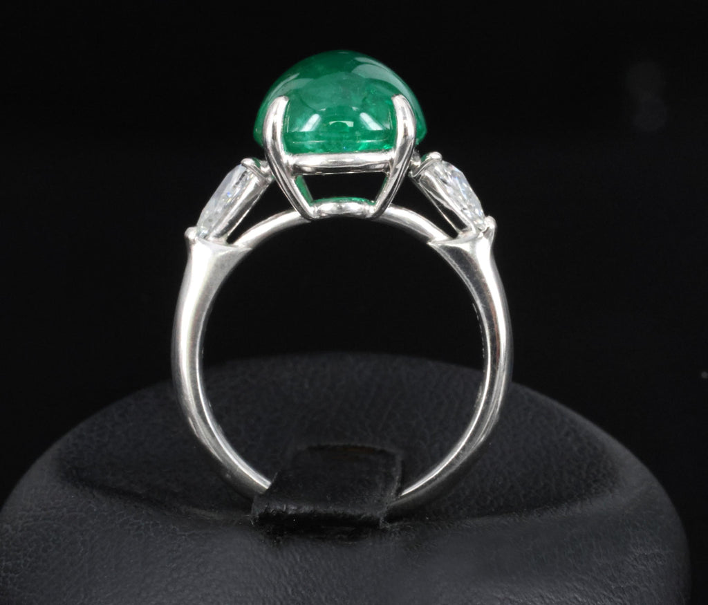 Fine 6.24ct Cabochon Cut Natural Emerald 0.46ct Diamond Platinum Ring Size 5.75
