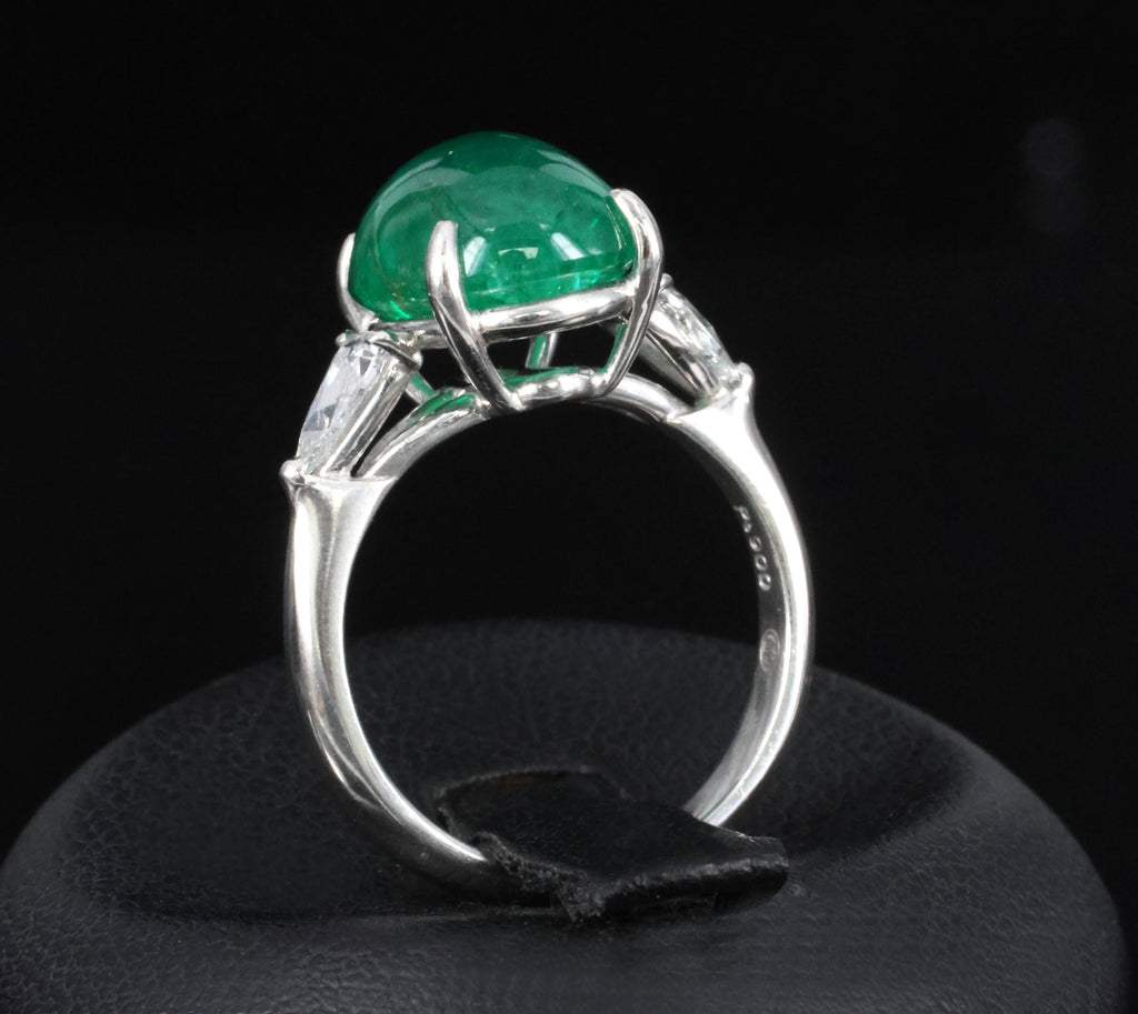 Fine 6.24ct Cabochon Cut Natural Emerald 0.46ct Diamond Platinum Ring Size 5.75