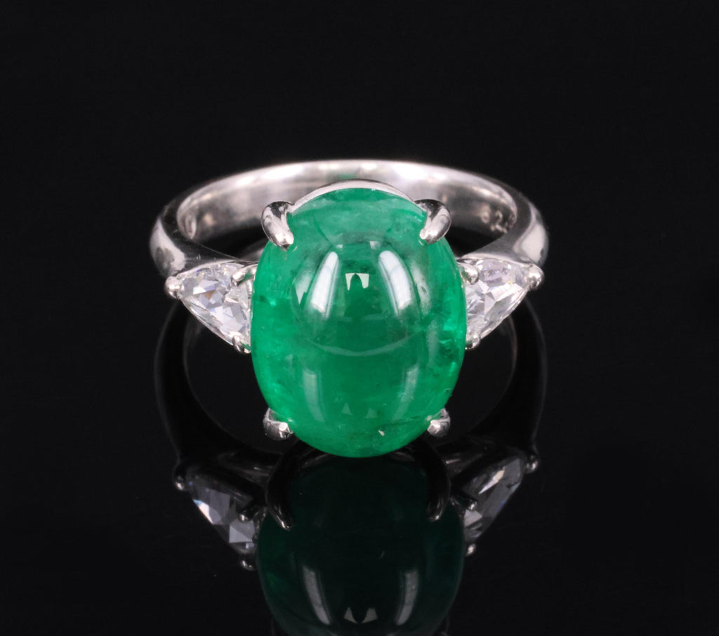 Fine 6.24ct Cabochon Cut Natural Emerald 0.46ct Diamond Platinum Ring Size 5.75