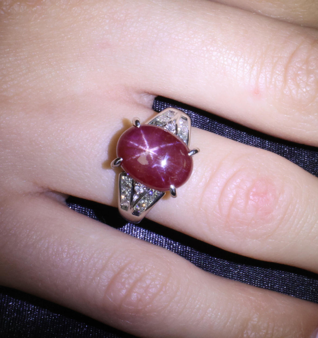 7.76ct Natural Untreated Star Ruby & 0.50ct Diamond Platinum Ring, Size 5.75