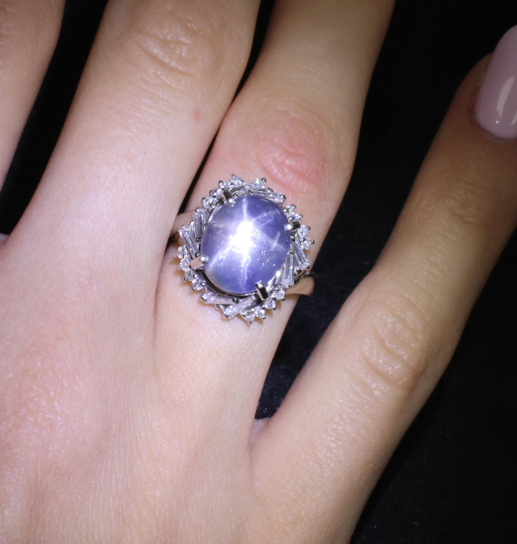 6.65ct Natural Untreated Star Sapphire & 0.58ct Diamond Platinum Ring, Size 6.5