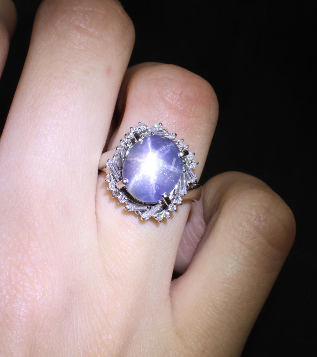 6.65ct Natural Untreated Star Sapphire & 0.58ct Diamond Platinum Ring, Size 6.5