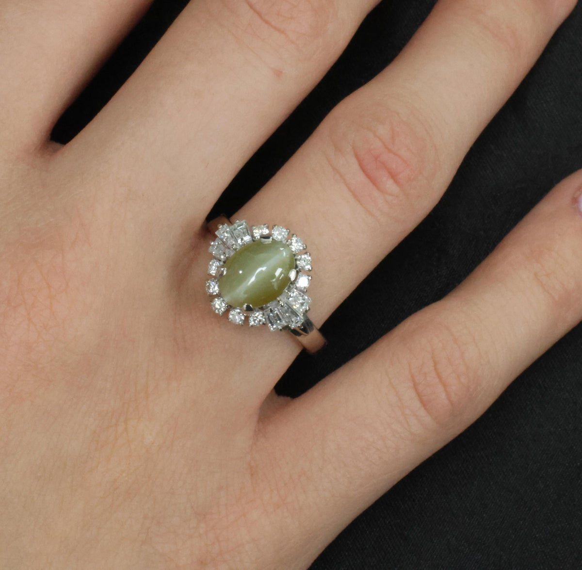 2.83ct Natural Chrysoberyl Cat's Eye & 0.69ct Diamond Platinum Ring, Size 7.75