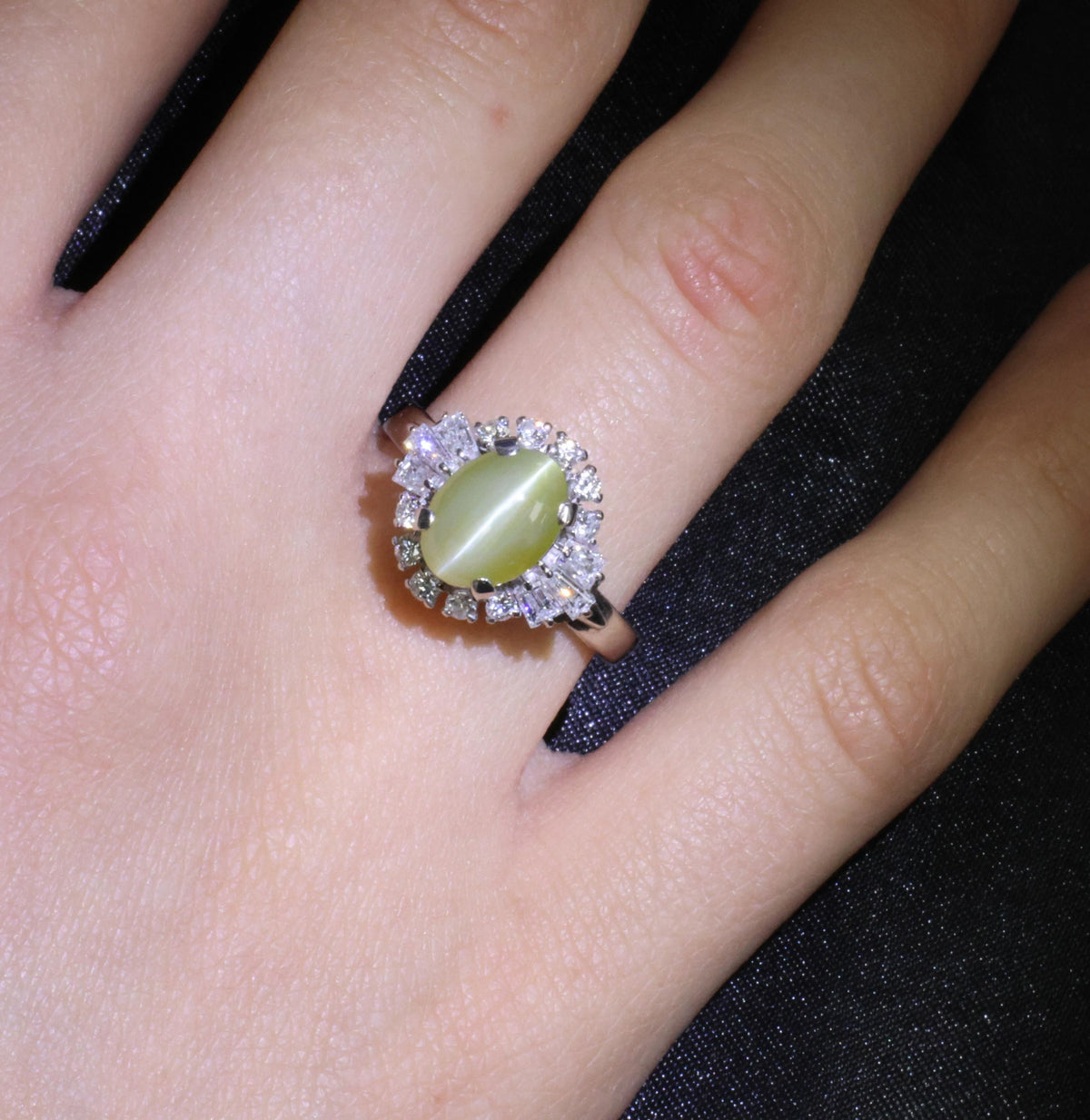 2.83ct Natural Chrysoberyl Cat's Eye & 0.69ct Diamond Platinum Ring, Size 7.75