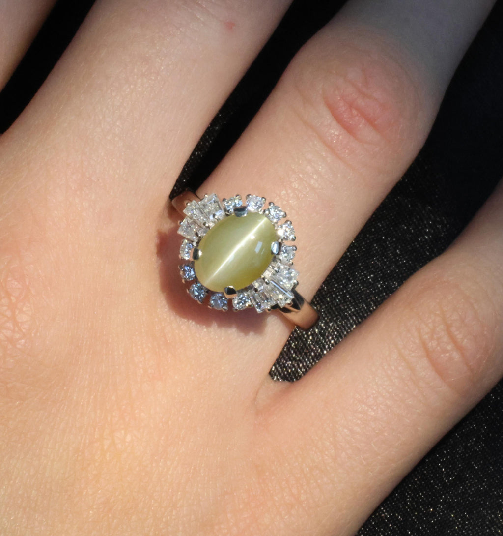 2.83ct Natural Chrysoberyl Cat's Eye & 0.69ct Diamond Platinum Ring, Size 7.75