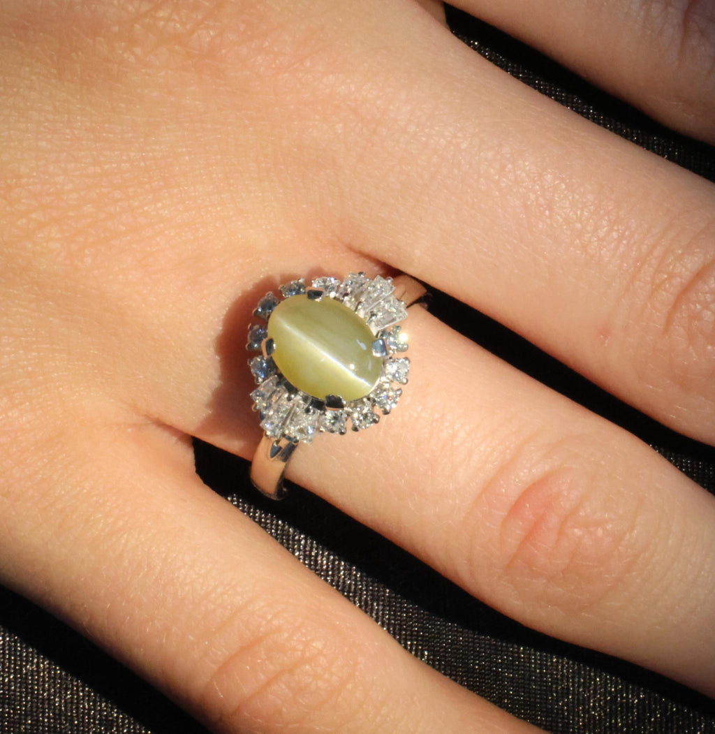 2.83ct Natural Chrysoberyl Cat's Eye & 0.69ct Diamond Platinum Ring, Size 7.75