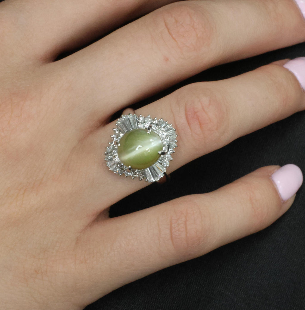 7.73ct Natural Chrysoberyl Cat's Eye & 1.30ct Diamond Platinum Ring, Size 6.75