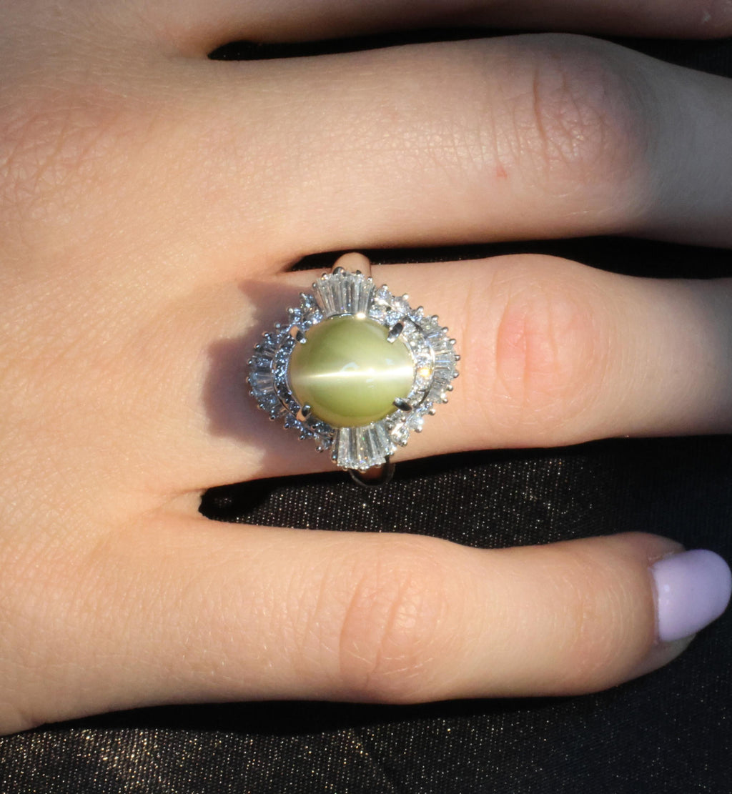 7.73ct Natural Chrysoberyl Cat's Eye & 1.30ct Diamond Platinum Ring, Size 6.75
