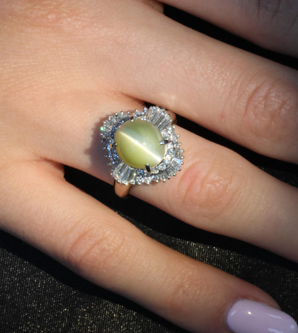 7.73ct Natural Chrysoberyl Cat's Eye & 1.30ct Diamond Platinum Ring, Size 6.75