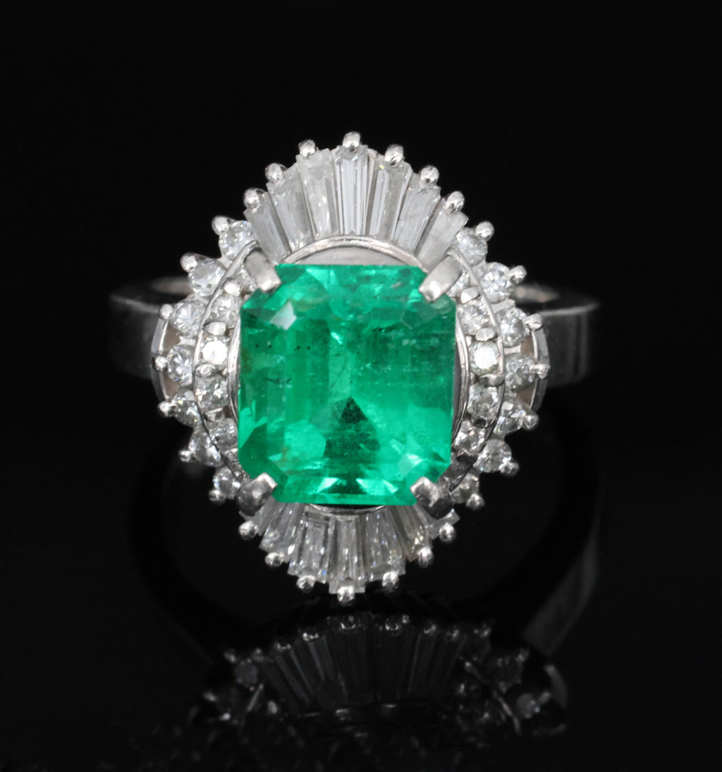 2.72ct GIA Colombia Intense Green Emerald &0.92ct Diamond Platinum Ring Size 5.5