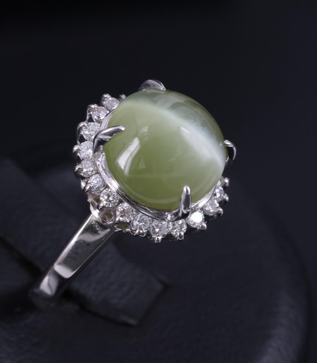 8.50ct Natural Chrysoberyl Cat's Eye & 0.43ct Diamond Platinum Ring, Size 6.25