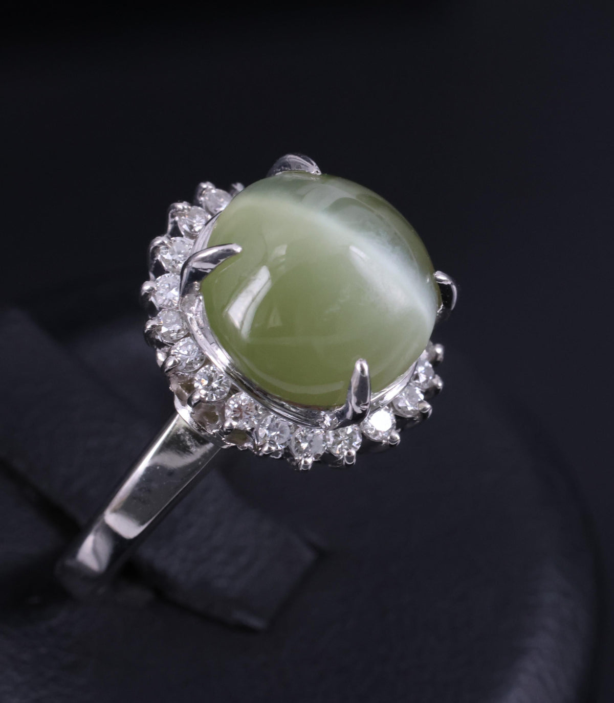 8.50ct Natural Chrysoberyl Cat's Eye & 0.43ct Diamond Platinum Ring, Size 6.25