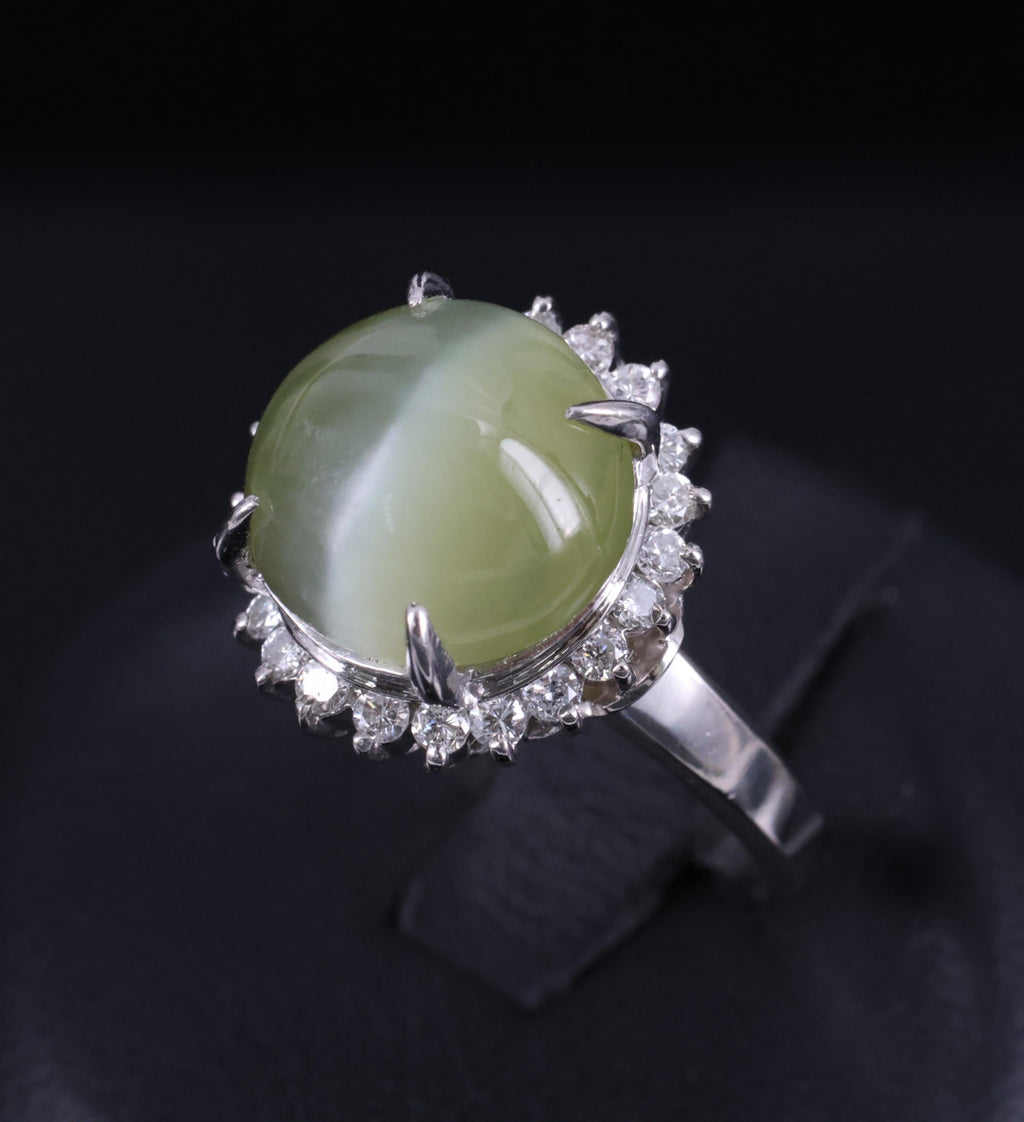 8.50ct Natural Chrysoberyl Cat's Eye & 0.43ct Diamond Platinum Ring, Size 6.25