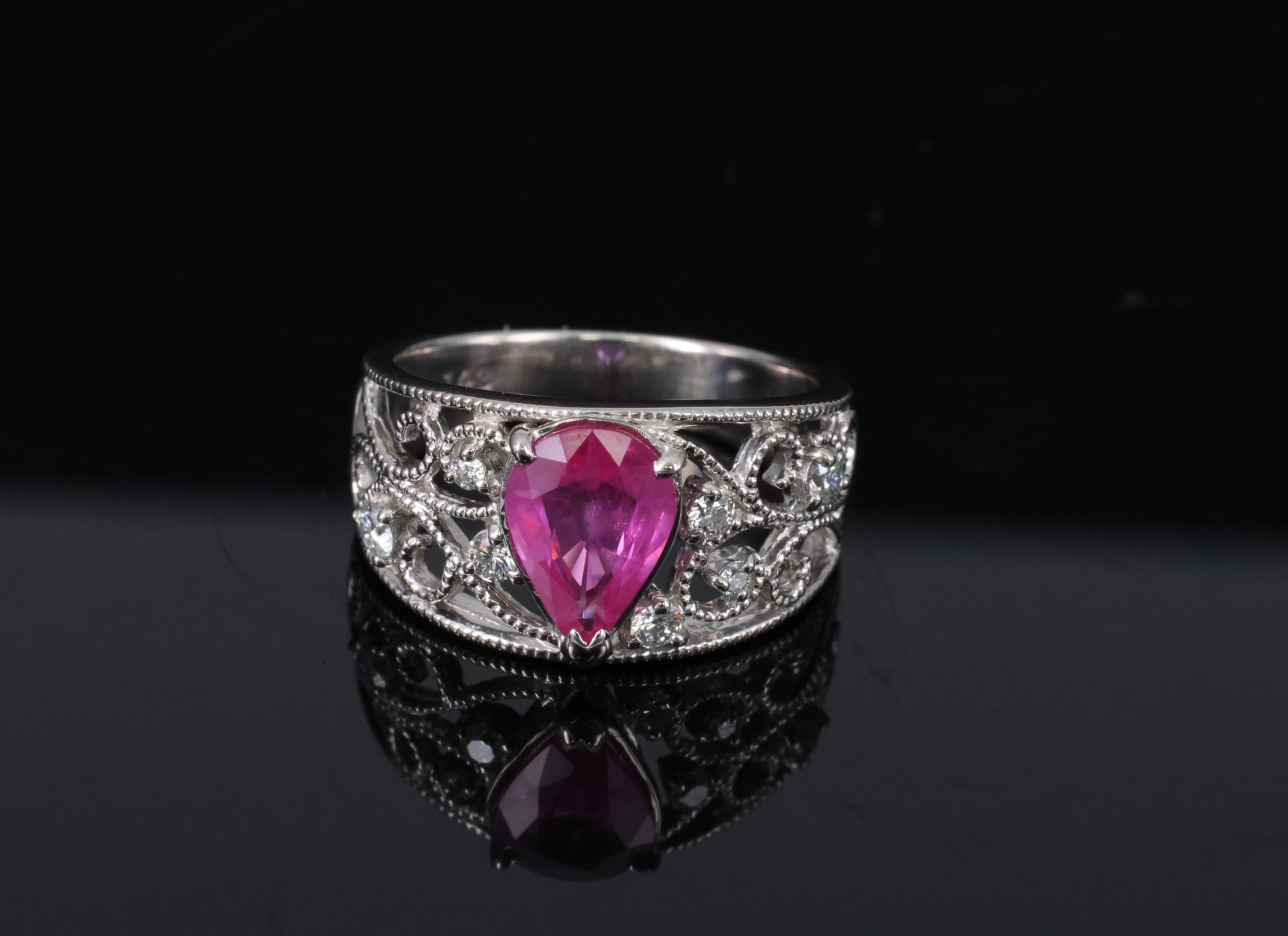 Estate 1.43ct AIGS Burma Ruby 0.20ct Diamond Platinum Ring 7.7g Size 6.25