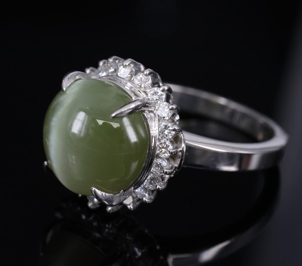 8.50ct Natural Chrysoberyl Cat's Eye & 0.43ct Diamond Platinum Ring, Size 6.25