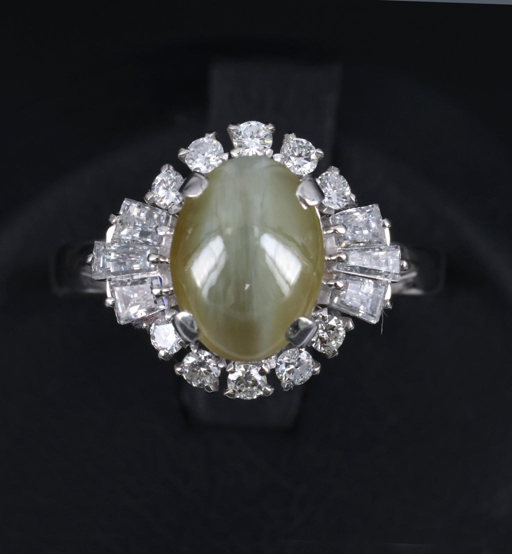 2.83ct Natural Chrysoberyl Cat's Eye & 0.69ct Diamond Platinum Ring, Size 7.75