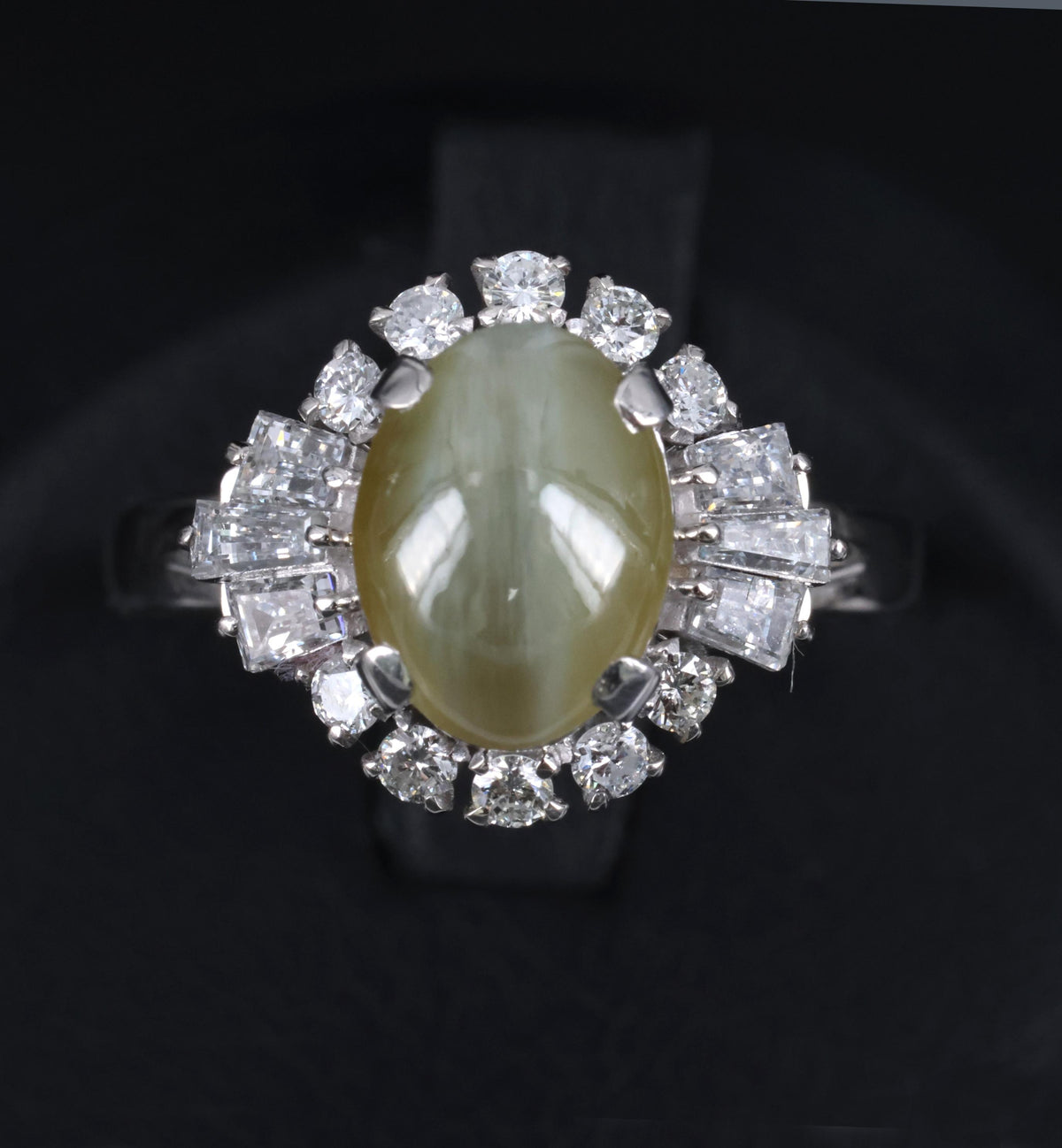 2.83ct Natural Chrysoberyl Cat's Eye & 0.69ct Diamond Platinum Ring, Size 7.75