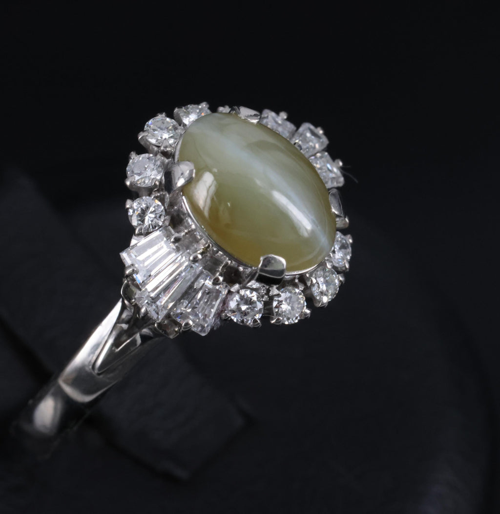 2.83ct Natural Chrysoberyl Cat's Eye & 0.69ct Diamond Platinum Ring, Size 7.75