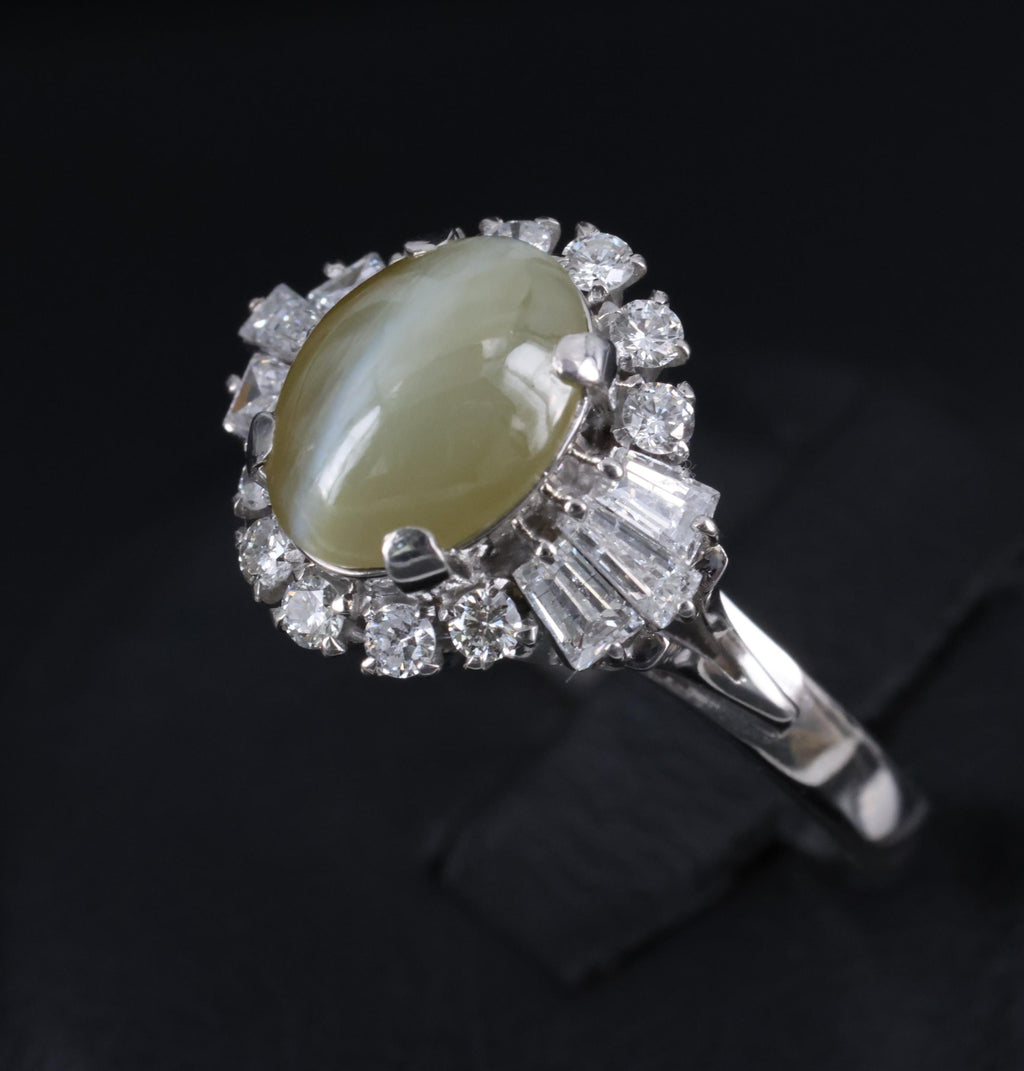 2.83ct Natural Chrysoberyl Cat's Eye & 0.69ct Diamond Platinum Ring, Size 7.75