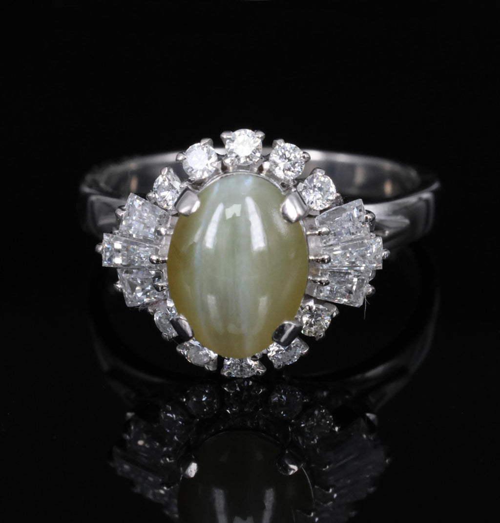 2.83ct Natural Chrysoberyl Cat's Eye & 0.69ct Diamond Platinum Ring, Size 7.75