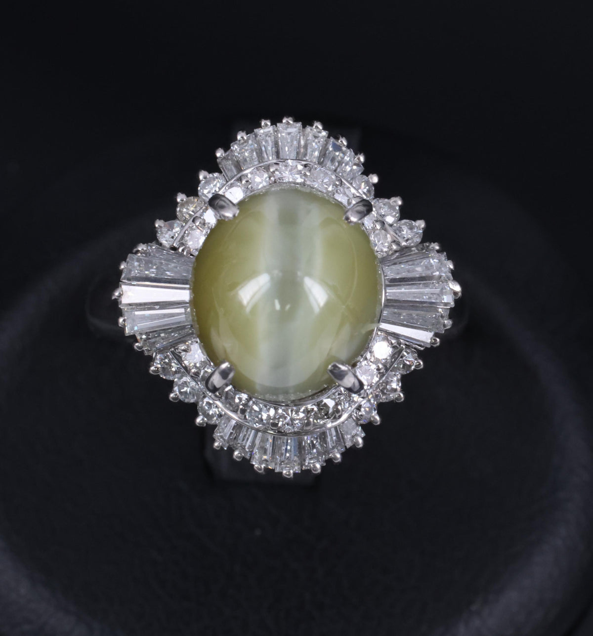7.73ct Natural Chrysoberyl Cat's Eye & 1.30ct Diamond Platinum Ring, Size 6.75