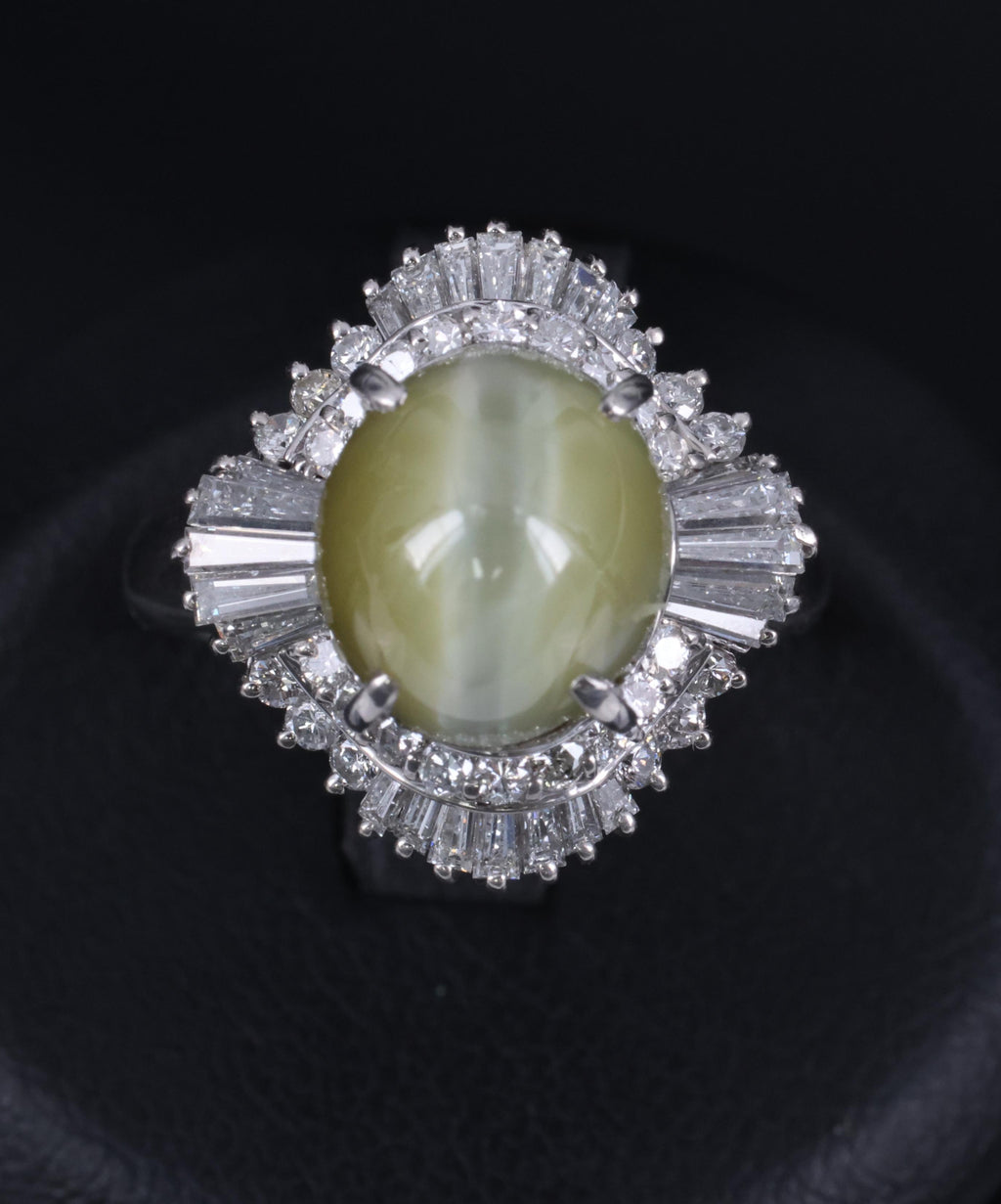 7.73ct Natural Chrysoberyl Cat's Eye & 1.30ct Diamond Platinum Ring, Size 6.75