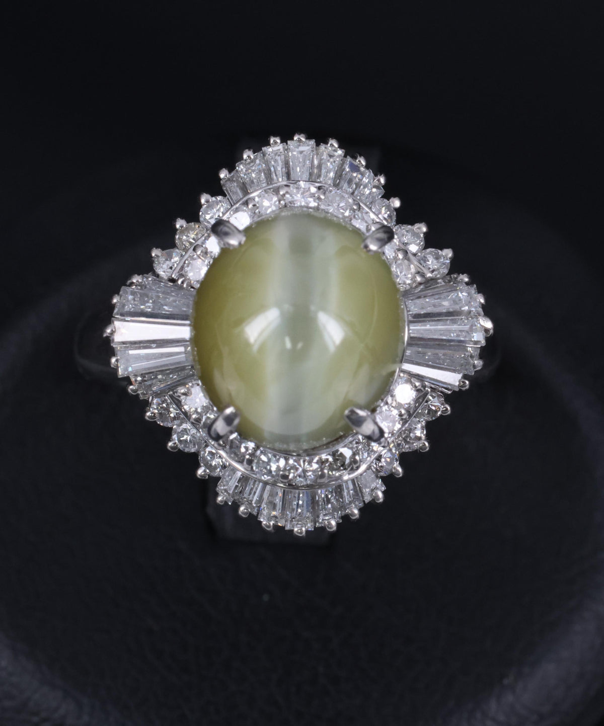 7.73ct Natural Chrysoberyl Cat's Eye & 1.30ct Diamond Platinum Ring, Size 6.75