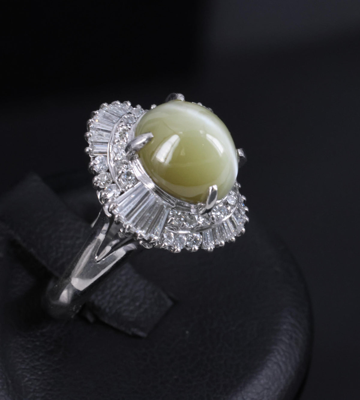 7.73ct Natural Chrysoberyl Cat's Eye & 1.30ct Diamond Platinum Ring, Size 6.75