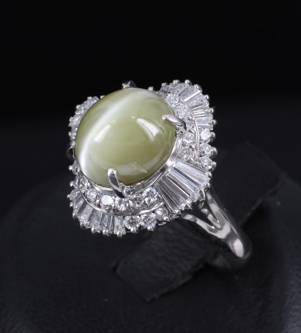 7.73ct Natural Chrysoberyl Cat's Eye & 1.30ct Diamond Platinum Ring, Size 6.75