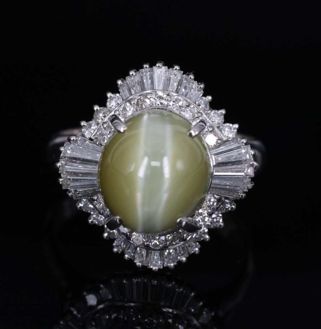 7.73ct Natural Chrysoberyl Cat's Eye & 1.30ct Diamond Platinum Ring, Size 6.75