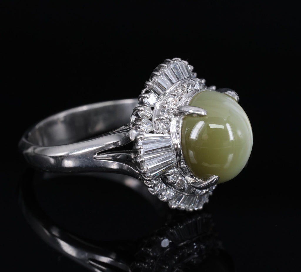 7.73ct Natural Chrysoberyl Cat's Eye & 1.30ct Diamond Platinum Ring, Size 6.75