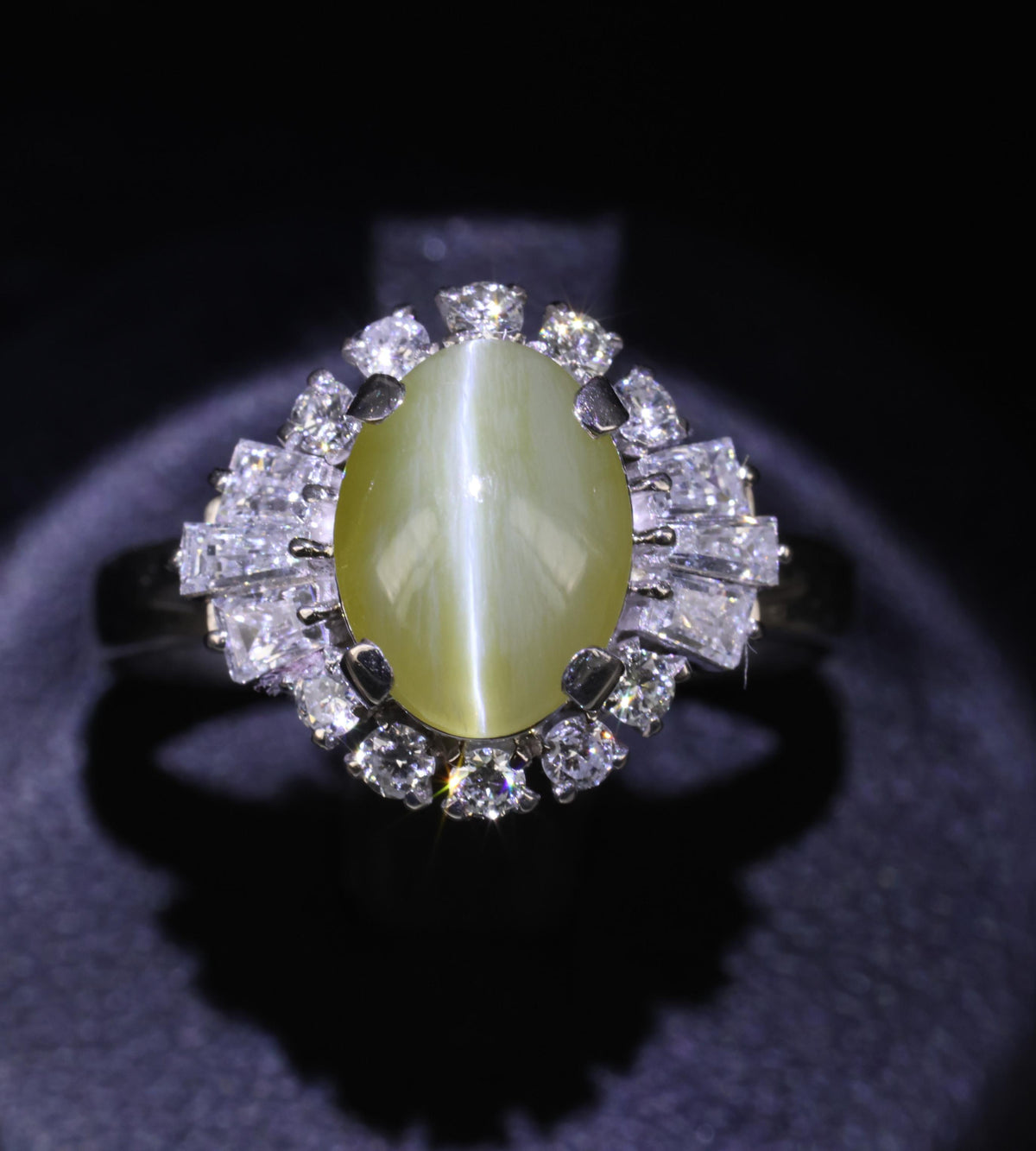 2.83ct Natural Chrysoberyl Cat's Eye & 0.69ct Diamond Platinum Ring, Size 7.75