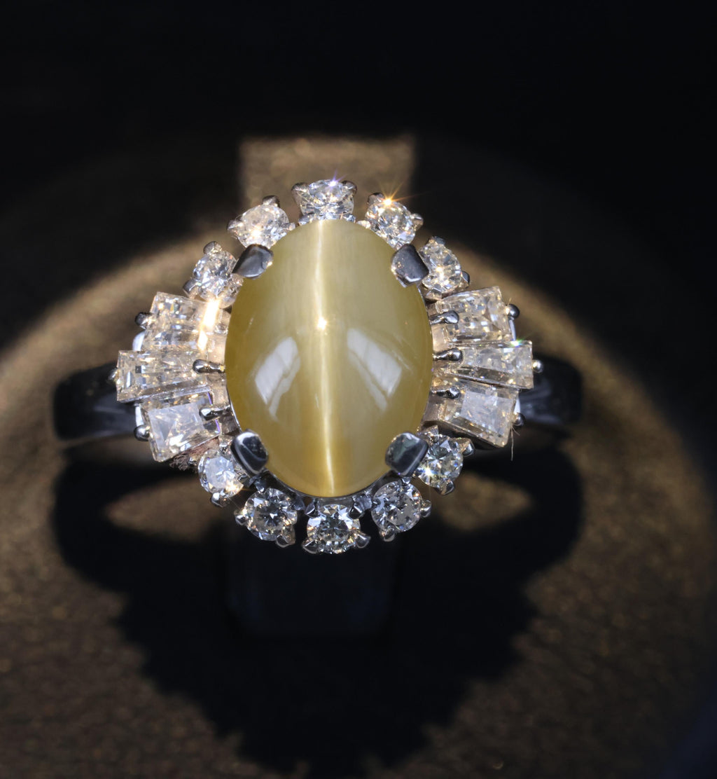 2.83ct Natural Chrysoberyl Cat's Eye & 0.69ct Diamond Platinum Ring, Size 7.75