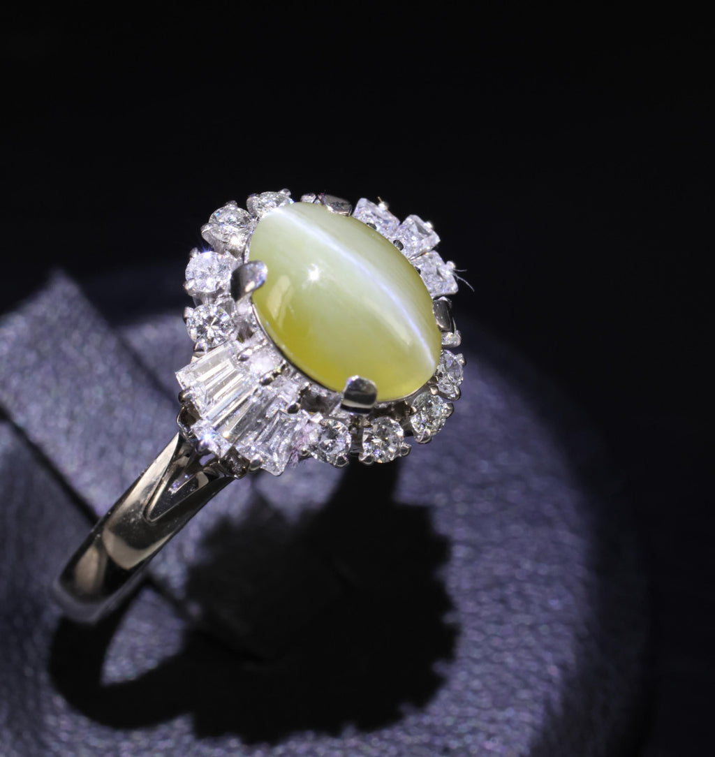 2.83ct Natural Chrysoberyl Cat's Eye & 0.69ct Diamond Platinum Ring, Size 7.75