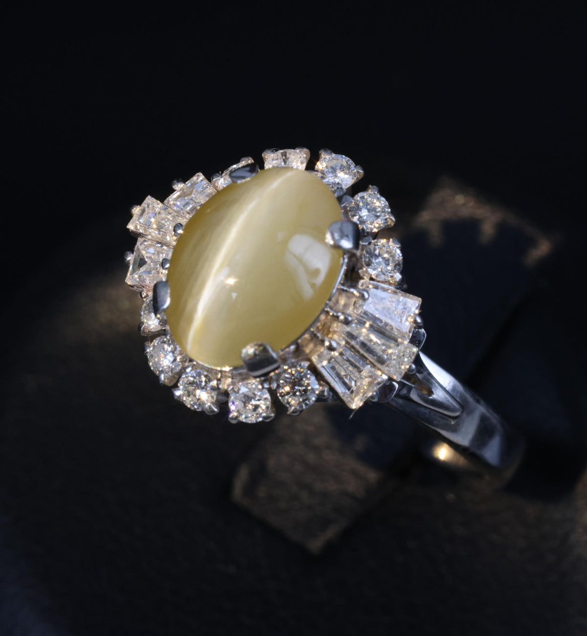 2.83ct Natural Chrysoberyl Cat's Eye & 0.69ct Diamond Platinum Ring, Size 7.75