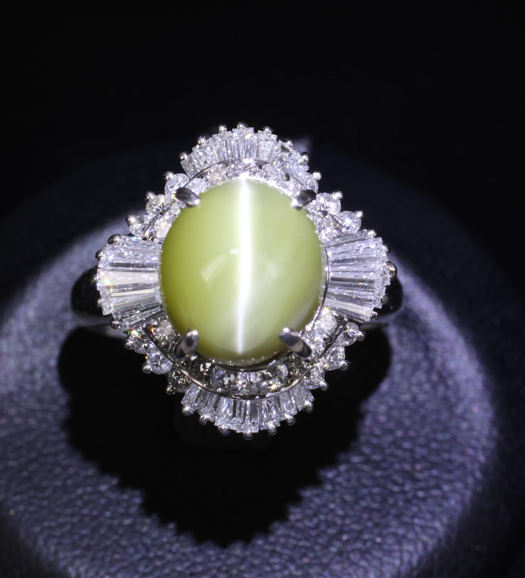 7.73ct Natural Chrysoberyl Cat's Eye & 1.30ct Diamond Platinum Ring, Size 6.75