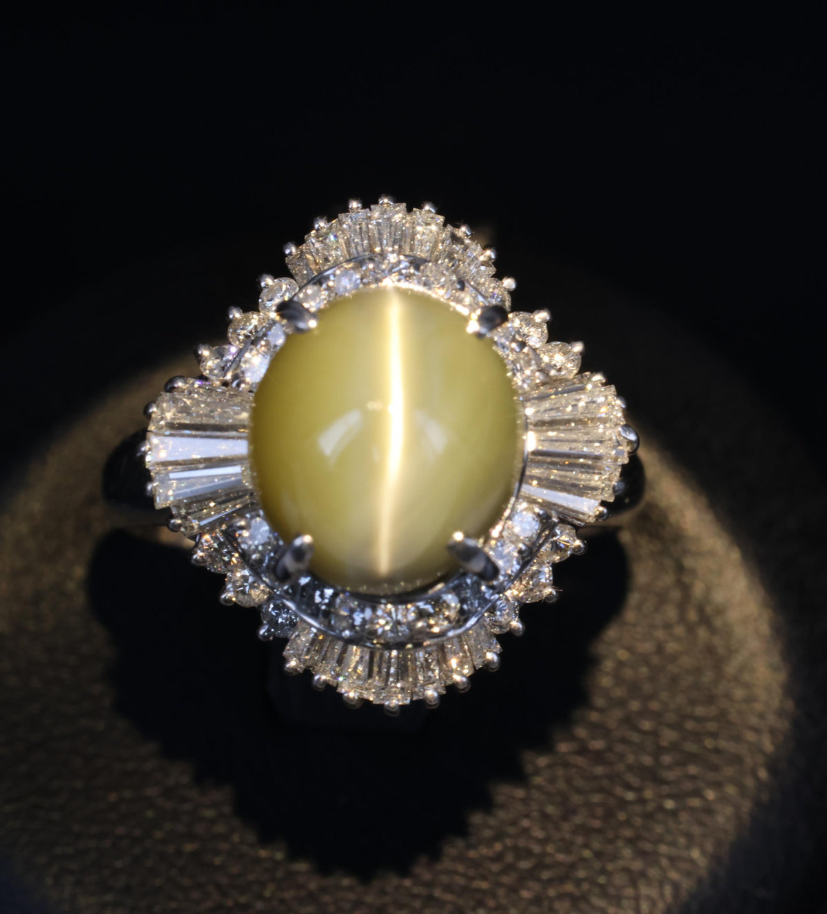 7.73ct Natural Chrysoberyl Cat's Eye & 1.30ct Diamond Platinum Ring, Size 6.75
