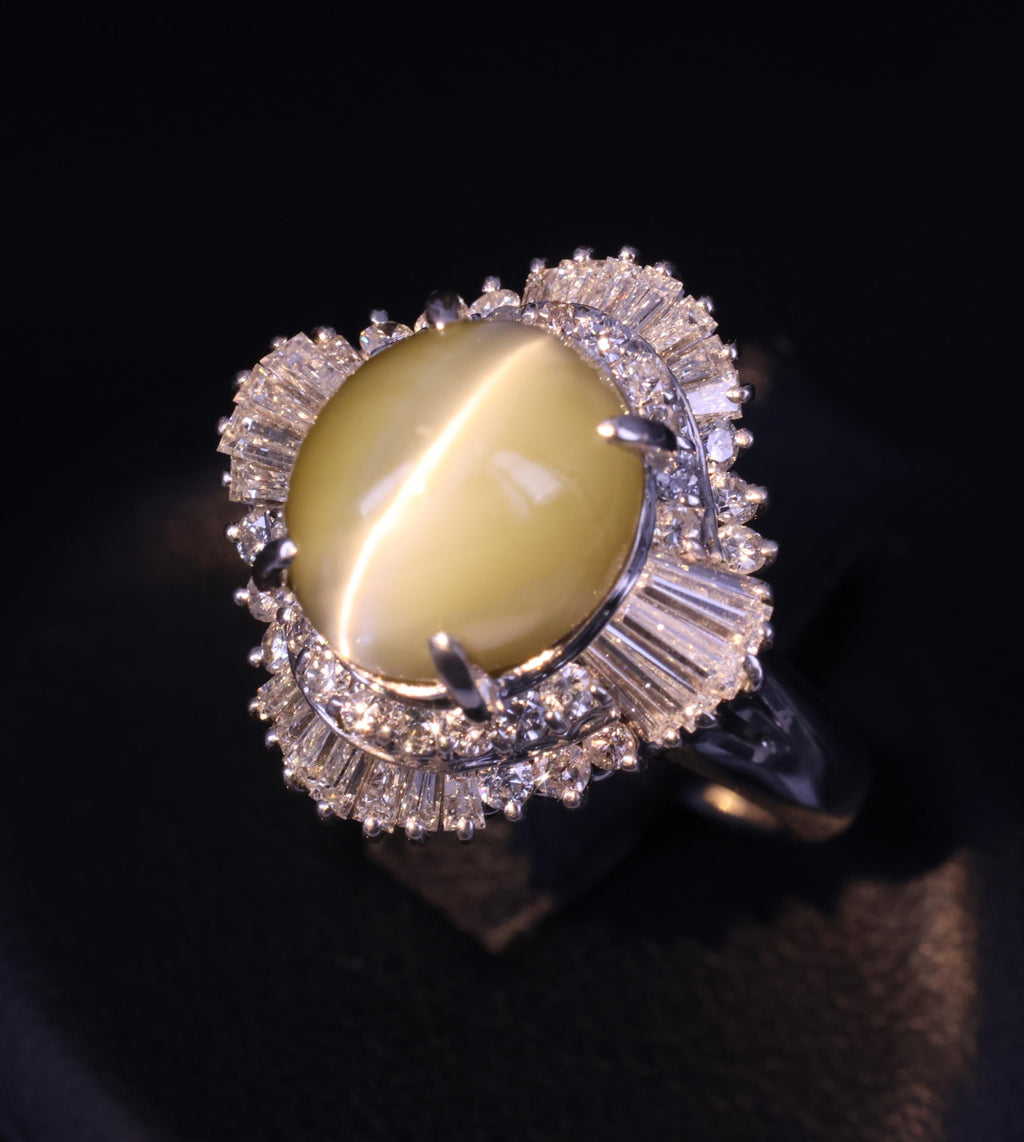 7.73ct Natural Chrysoberyl Cat's Eye & 1.30ct Diamond Platinum Ring, Size 6.75