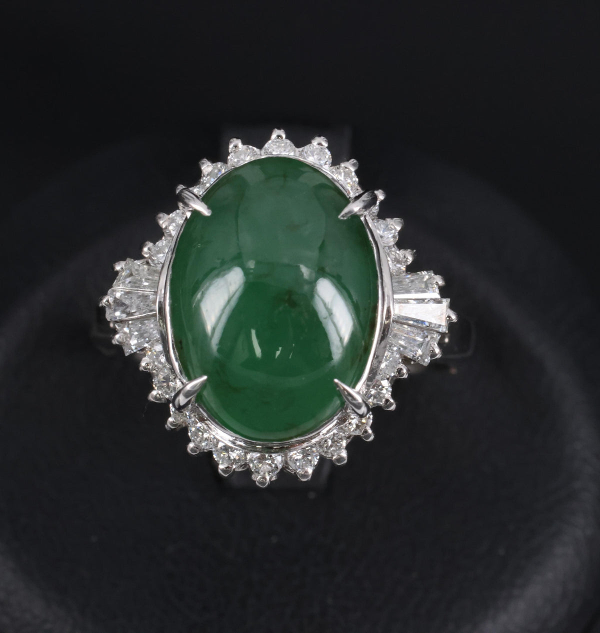 6.28ct Natural Forest Green Jadeite Jade & 0.55ct Diamond Platinum Ring Size 7.5