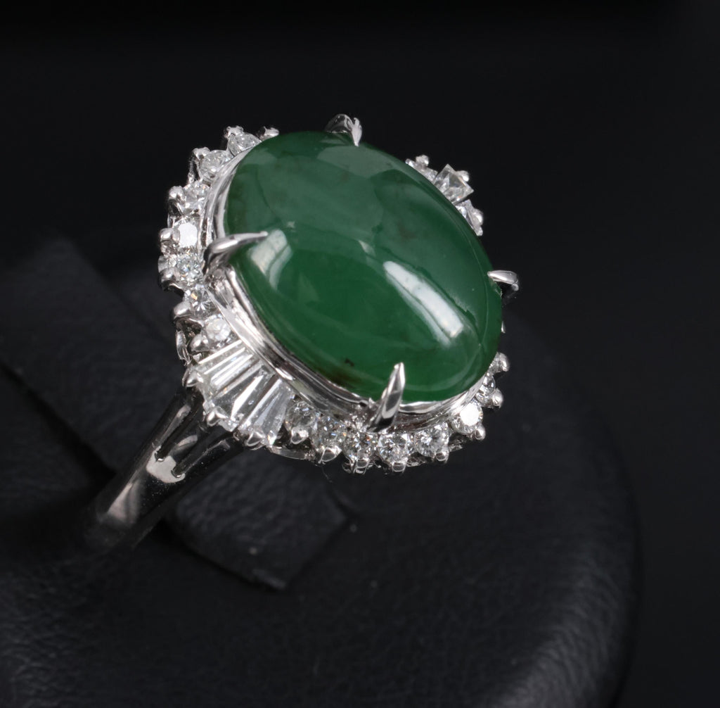 6.28ct Natural Forest Green Jadeite Jade & 0.55ct Diamond Platinum Ring Size 7.5