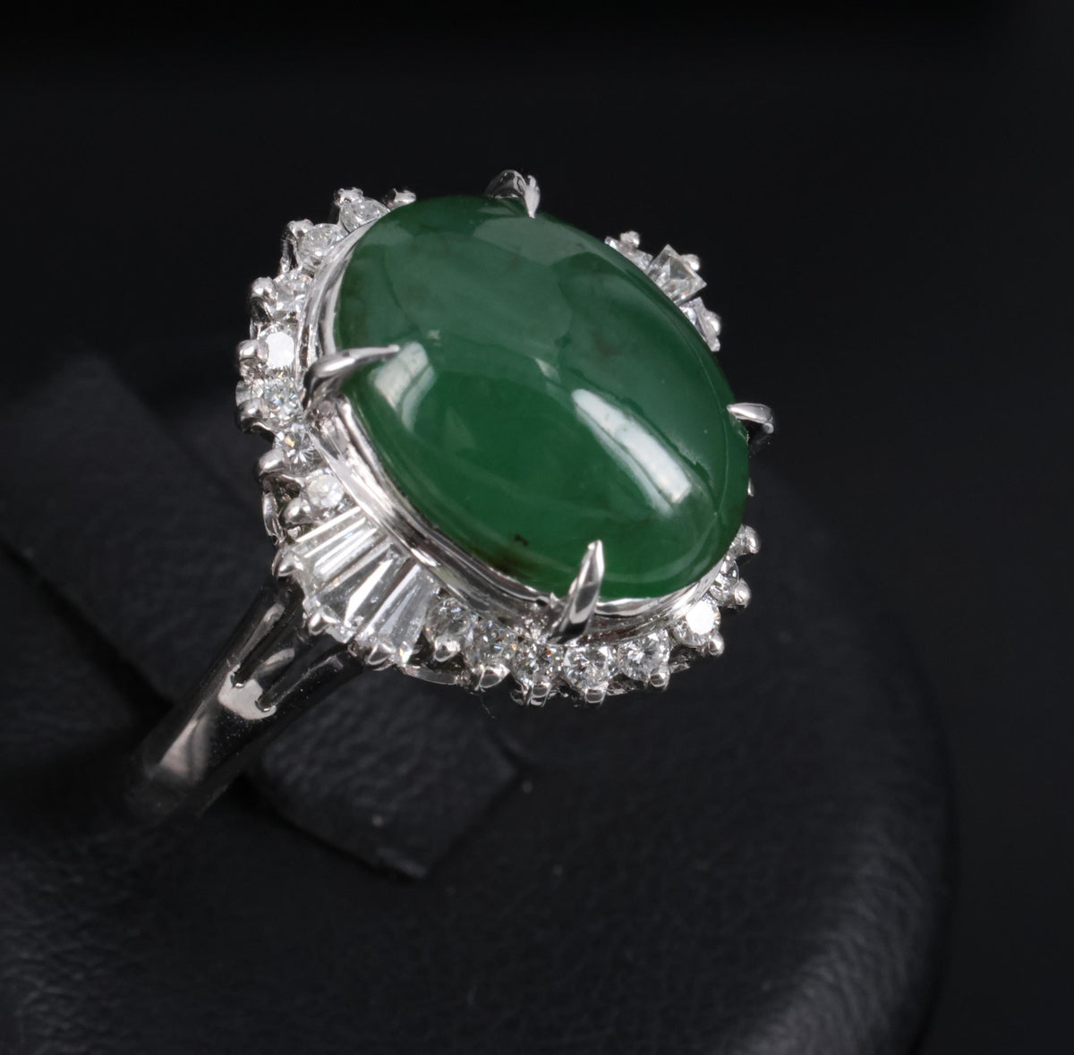 6.28ct Natural Forest Green Jadeite Jade & 0.55ct Diamond Platinum Ring Size 7.5