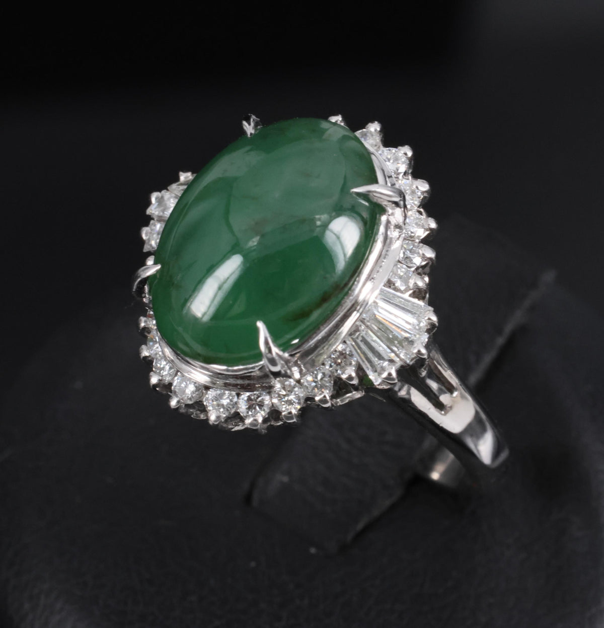 6.28ct Natural Forest Green Jadeite Jade & 0.55ct Diamond Platinum Ring Size 7.5