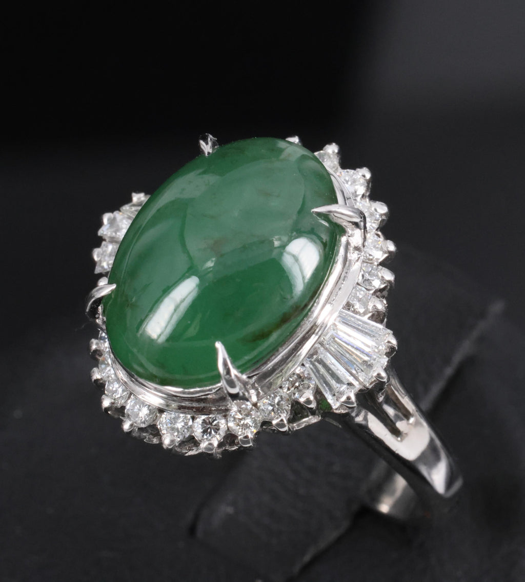 6.28ct Natural Forest Green Jadeite Jade & 0.55ct Diamond Platinum Ring Size 7.5