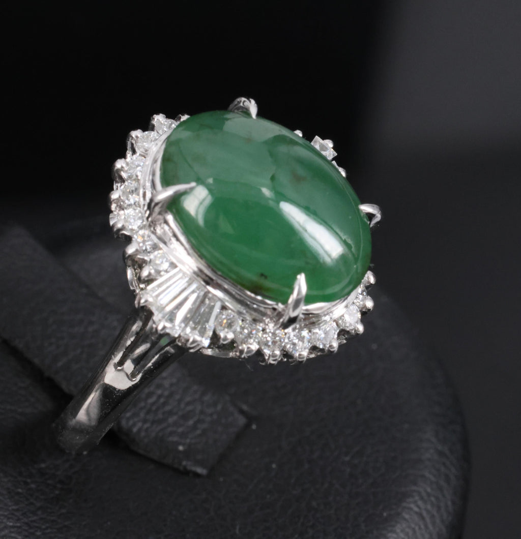 6.28ct Natural Forest Green Jadeite Jade & 0.55ct Diamond Platinum Ring Size 7.5