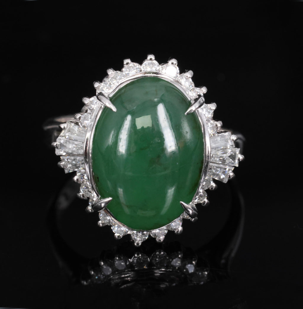 6.28ct Natural Forest Green Jadeite Jade & 0.55ct Diamond Platinum Ring Size 7.5