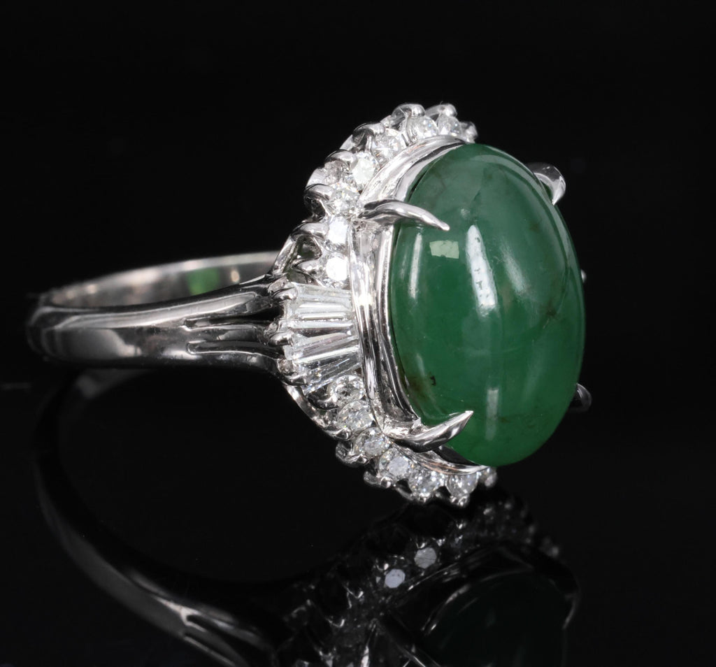 6.28ct Natural Forest Green Jadeite Jade & 0.55ct Diamond Platinum Ring Size 7.5