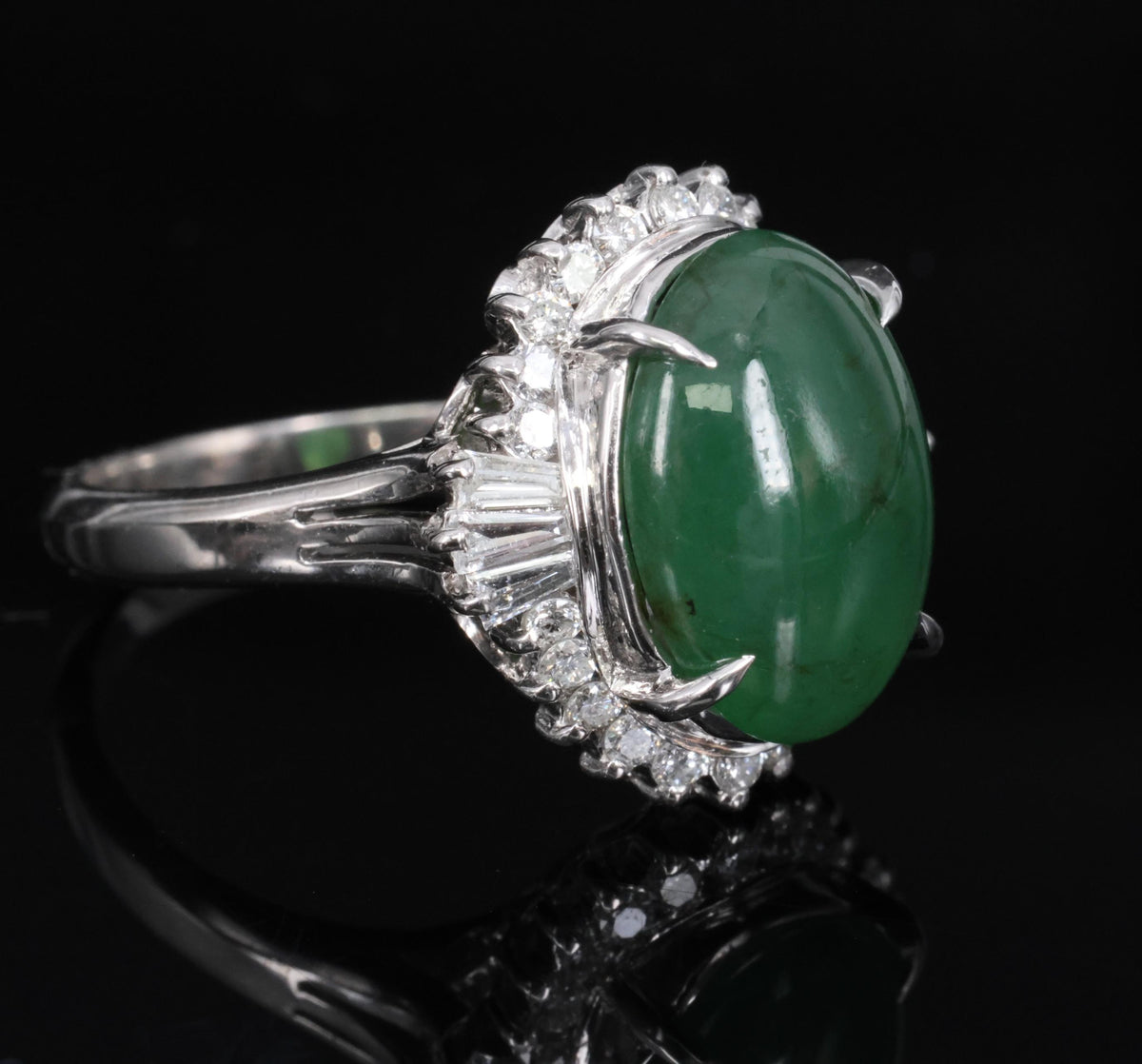 6.28ct Natural Forest Green Jadeite Jade & 0.55ct Diamond Platinum Ring Size 7.5